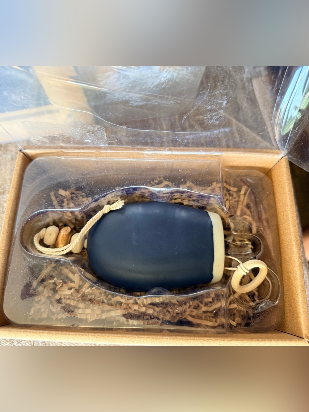 Demdaco Navy Blue Gratitude Ceramic Pendant bell with Natural Rope